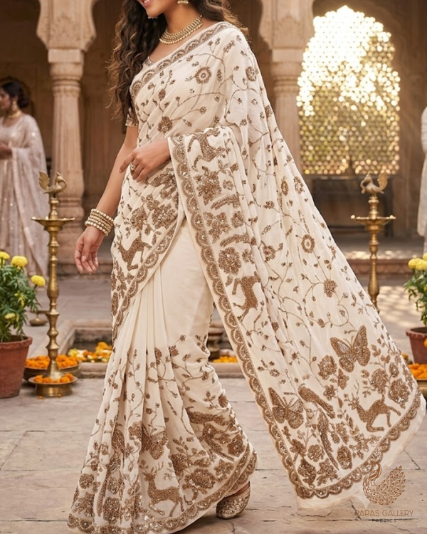 White Dyeable Georgette Fabric With All Over Sequins, Katdana, Bead And Zari  Work With One Side Heavy Border 23574