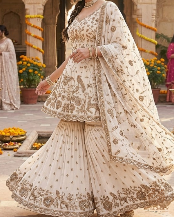 White Dyeable Georgette Fabric With All Over Sequins, Katdana, Bead And Zari  Work With One Side Heavy Border 23574