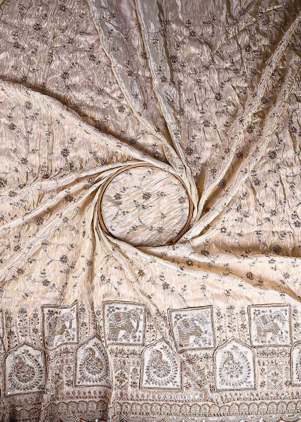 Golden Dyeable Tissue Fabric With All Over Sequins, Katdana, Bead, Zari And Patch Work With One Side Heavy Border 23575