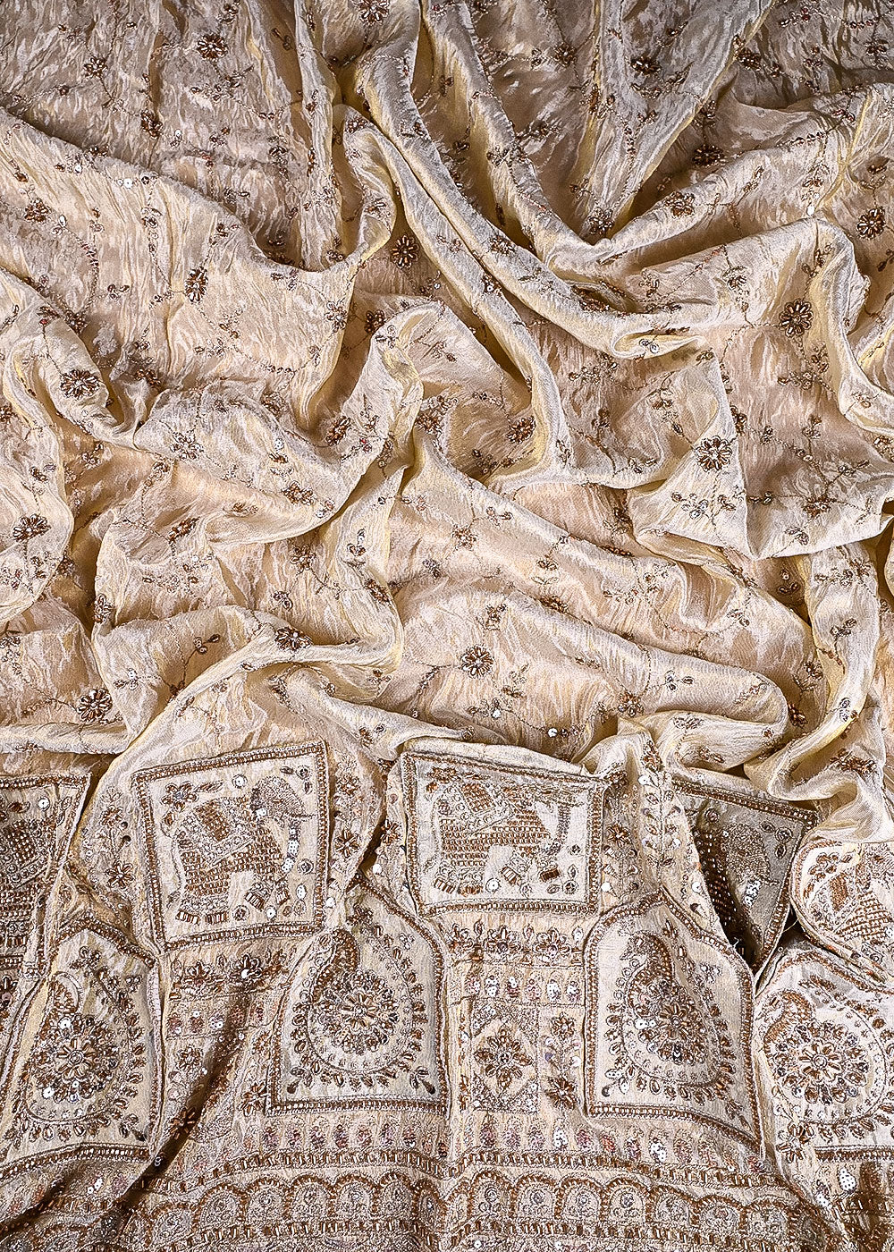 Golden Dyeable Tissue Fabric With All Over Sequins, Katdana, Bead, Zari And Patch Work With One Side Heavy Border 23575