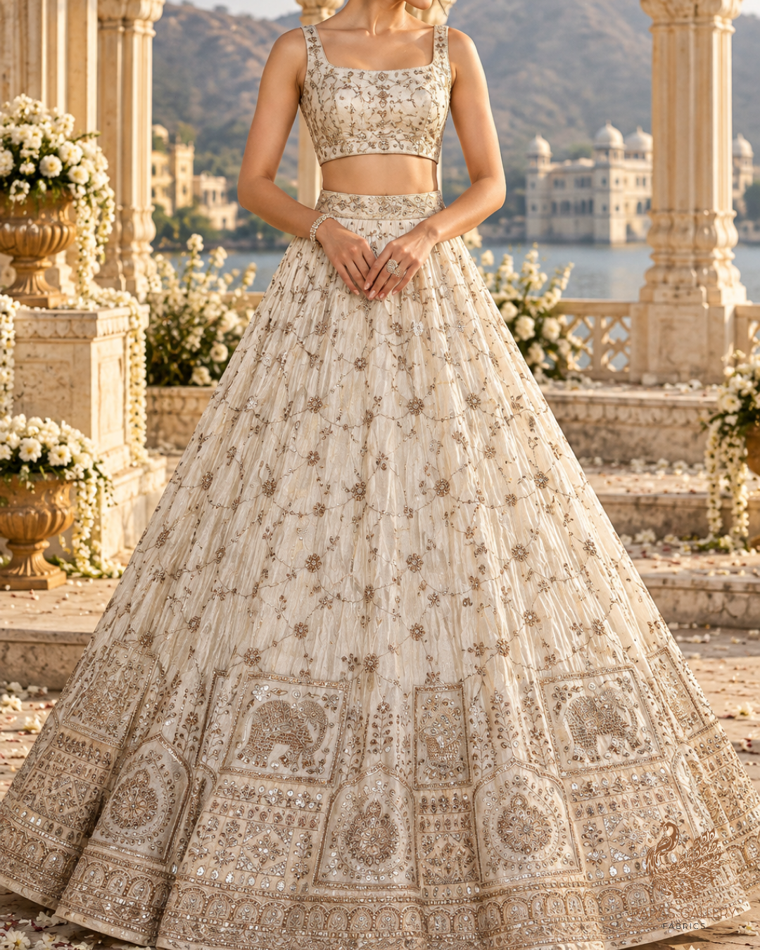 Golden Dyeable Tissue Fabric With All Over Sequins, Katdana, Bead, Zari And Patch Work With One Side Heavy Border 23575