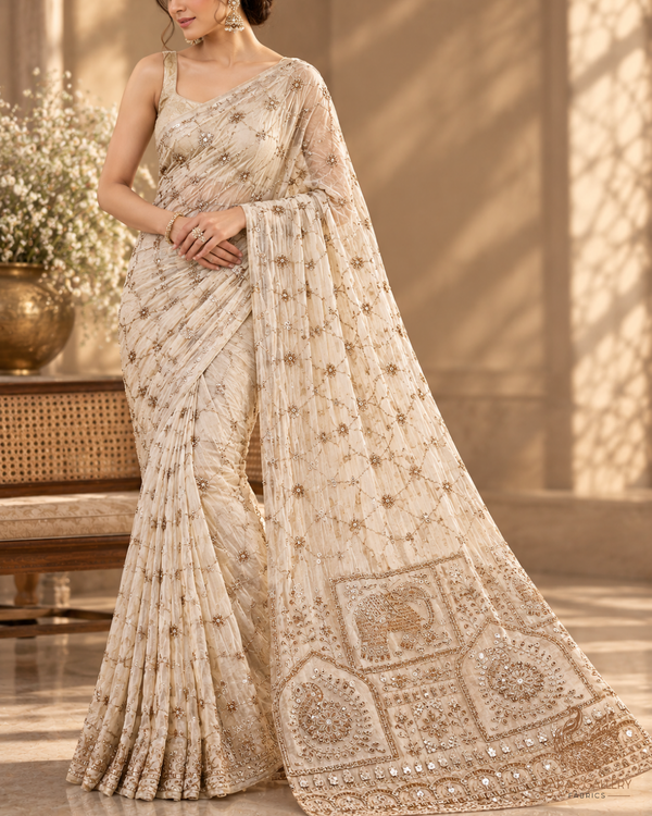 Golden Dyeable Tissue Fabric With All Over Sequins, Katdana, Bead, Zari And Patch Work With One Side Heavy Border 23575