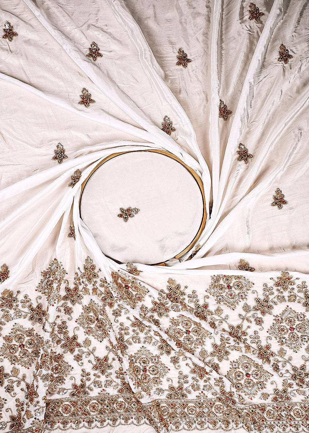 White Dyeable Crepe Fabric With All Over Sequins, Katdana, Bead And Zari  Work With One Side Heavy Border 23576