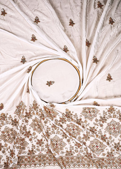 White Dyeable Crepe Fabric With All Over Sequins, Katdana, Bead And Zari  Work With One Side Heavy Border 23576