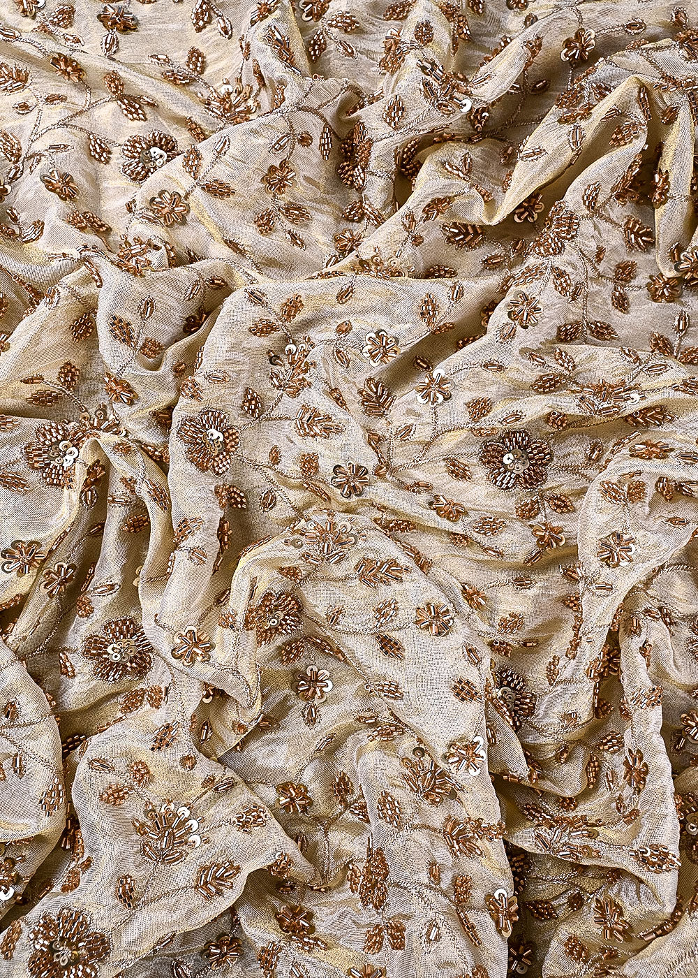 Golden Dyeable Tissue Fabric With All Over Sequins, Katdana, Bead, And Zari Work 23577