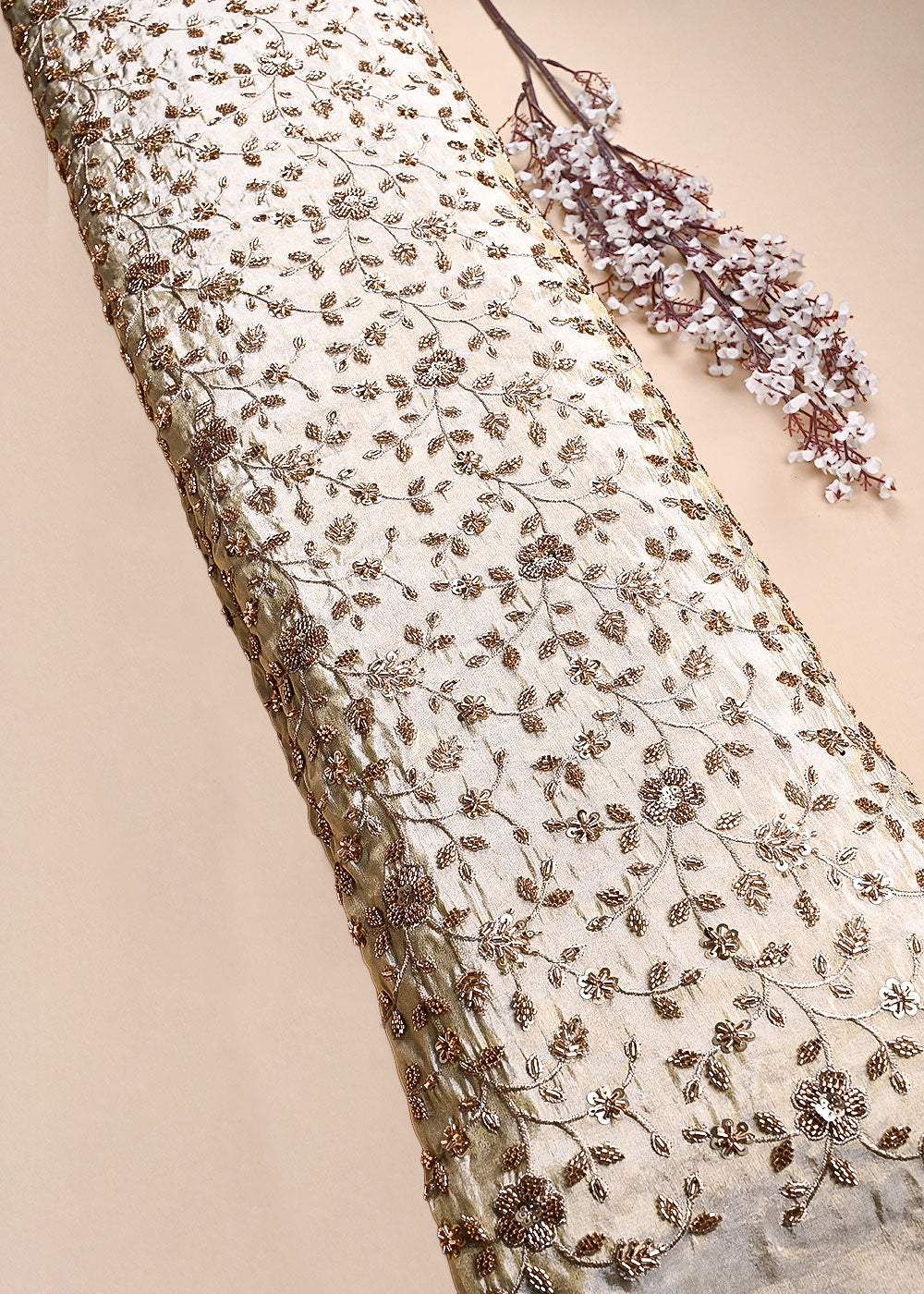 Golden Dyeable Tissue Fabric With All Over Sequins, Katdana, Bead, And Zari Work 23577