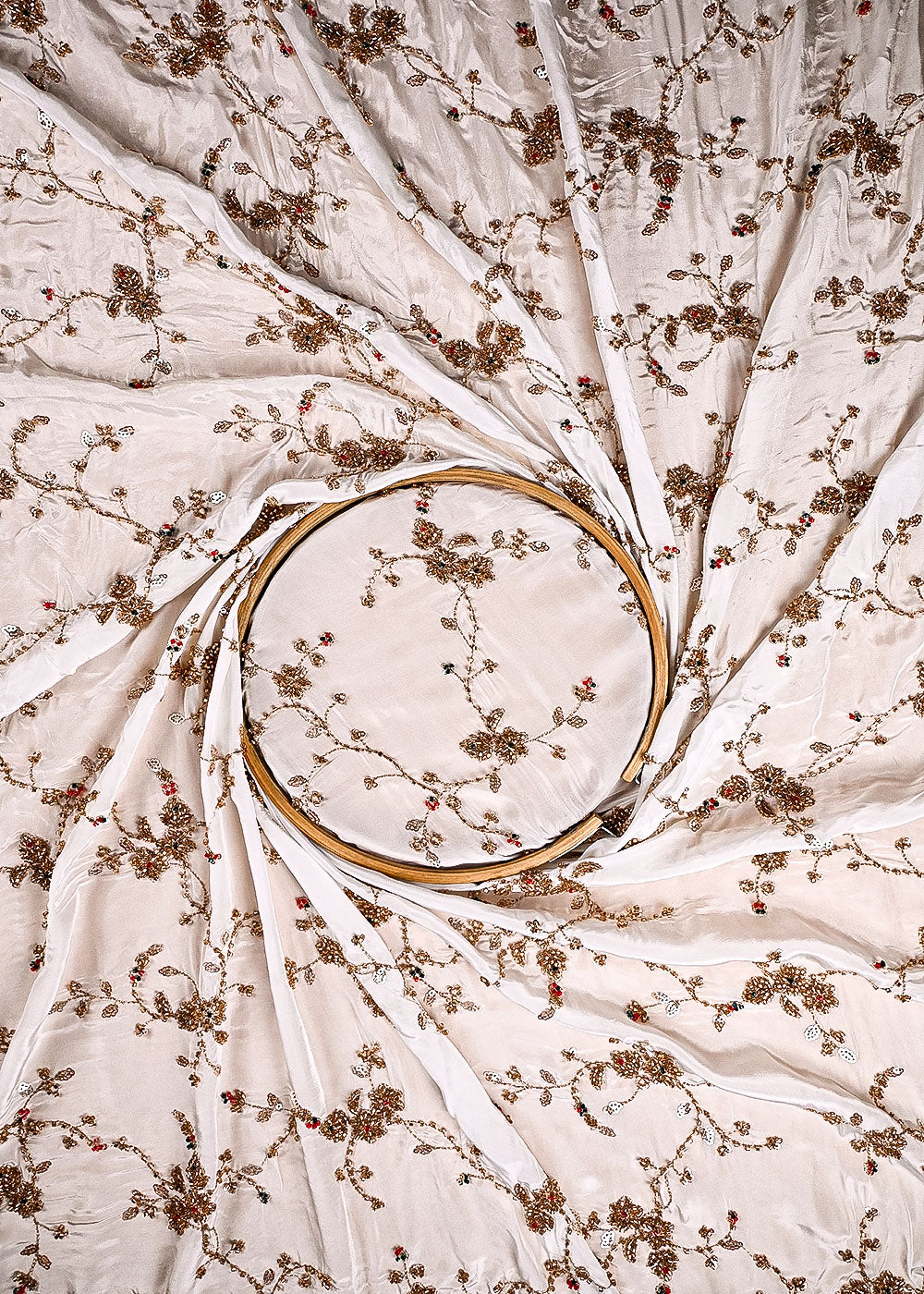 White Dyeable Crepe Fabric With All Over Zari, Sequins And Katdana Work 23578