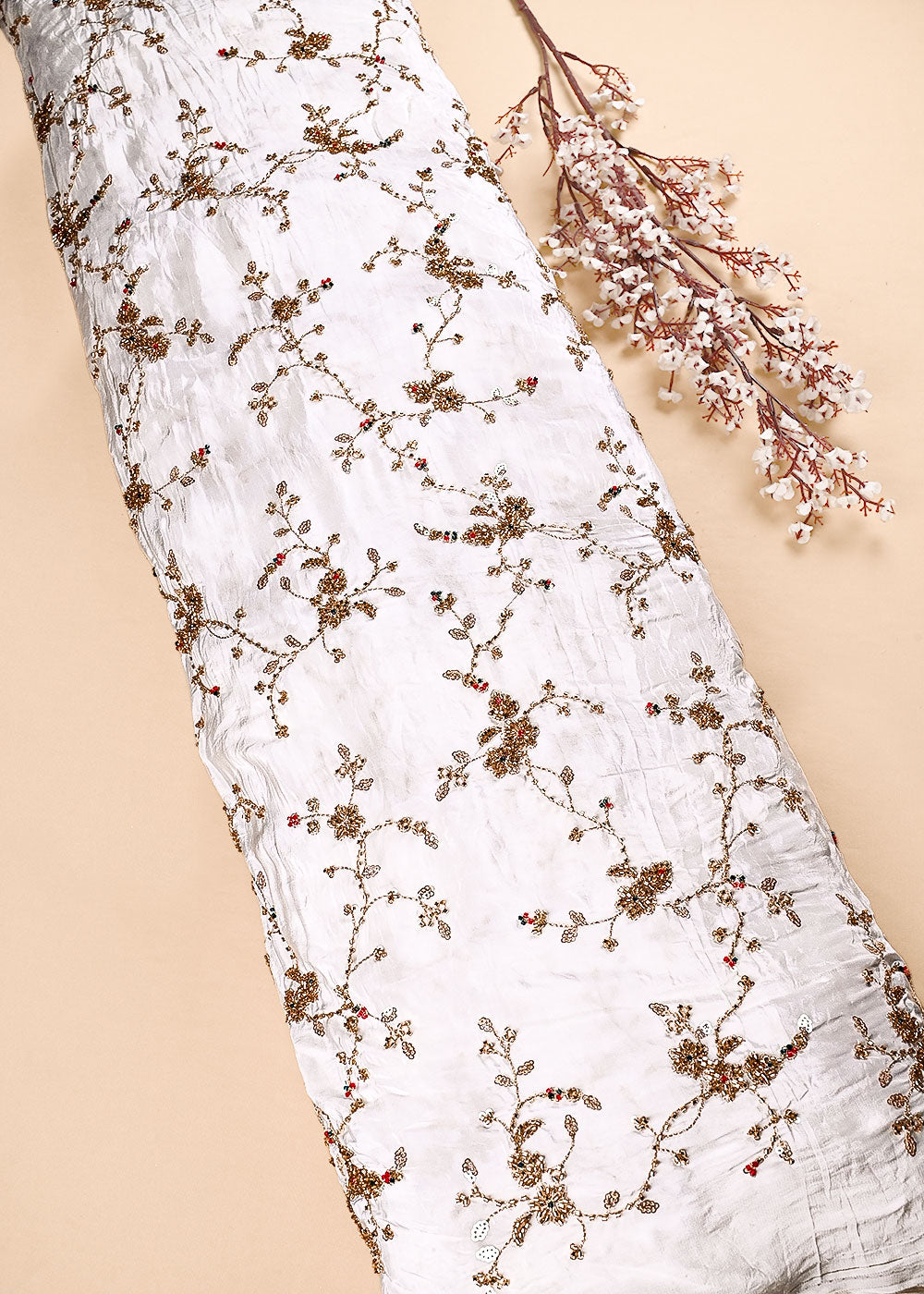 White Dyeable Crepe Fabric With All Over Zari, Sequins And Katdana Work 23578