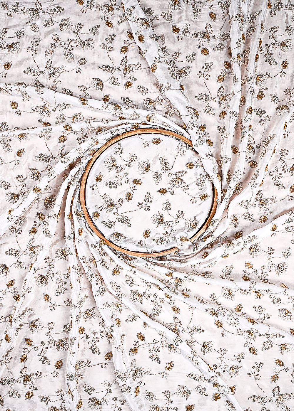 White Dyeable Crepe Fabric With All Over Sequins, Katdana And Zari Work 23579