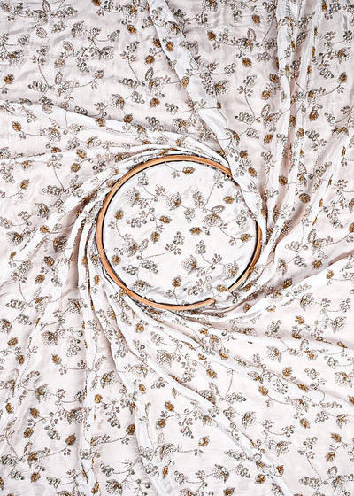 White Dyeable Crepe Fabric With All Over Sequins, Katdana And Zari Work 23579