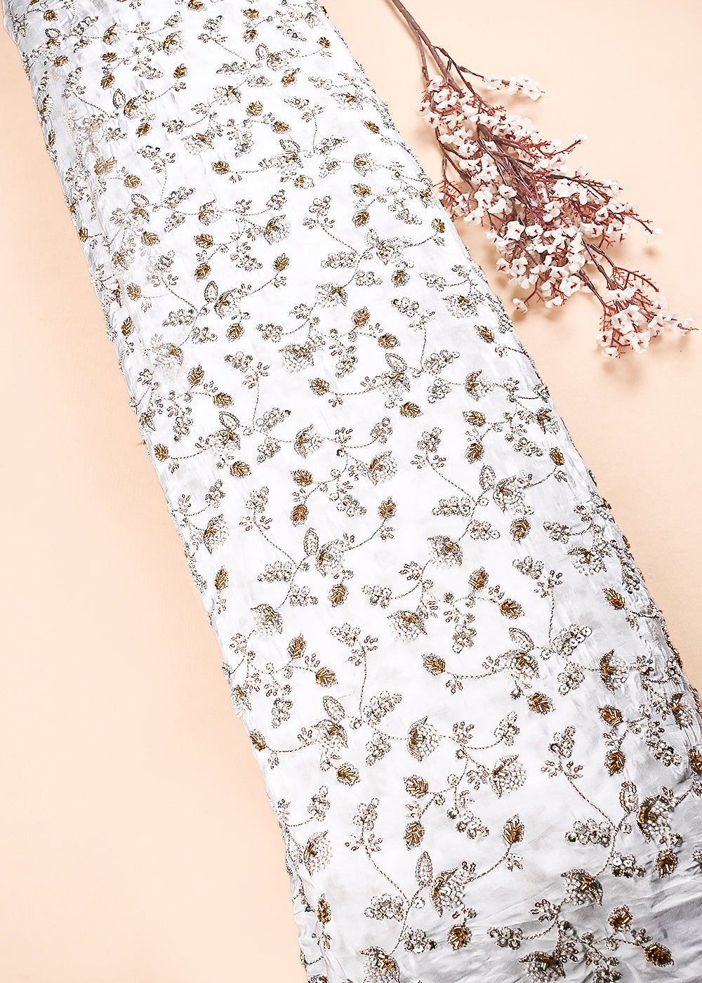 White Dyeable Crepe Fabric With All Over Sequins, Katdana And Zari Work 23579