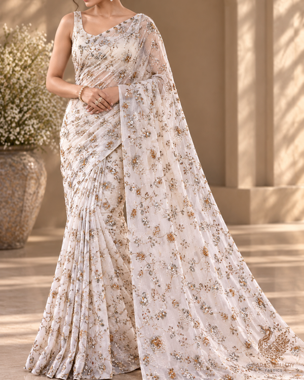 White Dyeable Crepe Fabric With All Over Sequins, Katdana And Zari Work 23579