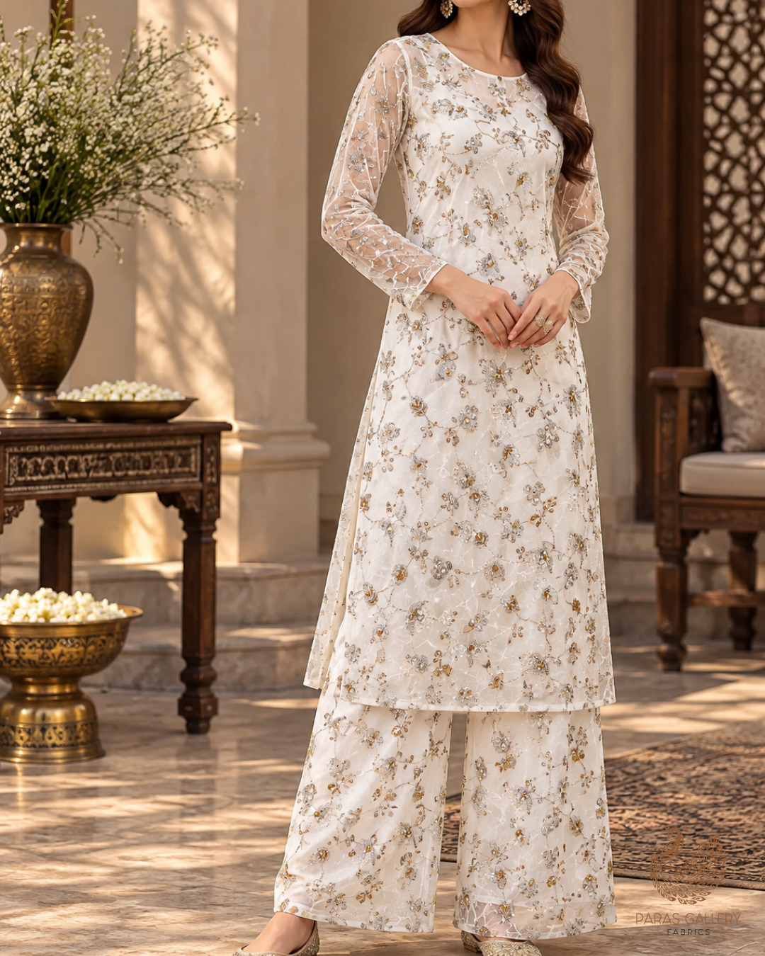 White Dyeable Crepe Fabric With All Over Sequins, Katdana And Zari Work 23579