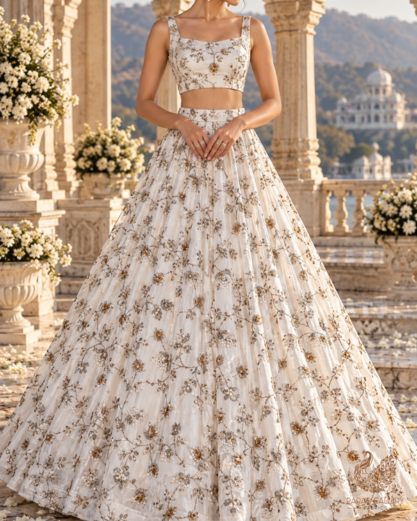 White Dyeable Crepe Fabric With All Over Sequins, Katdana And Zari Work 23579