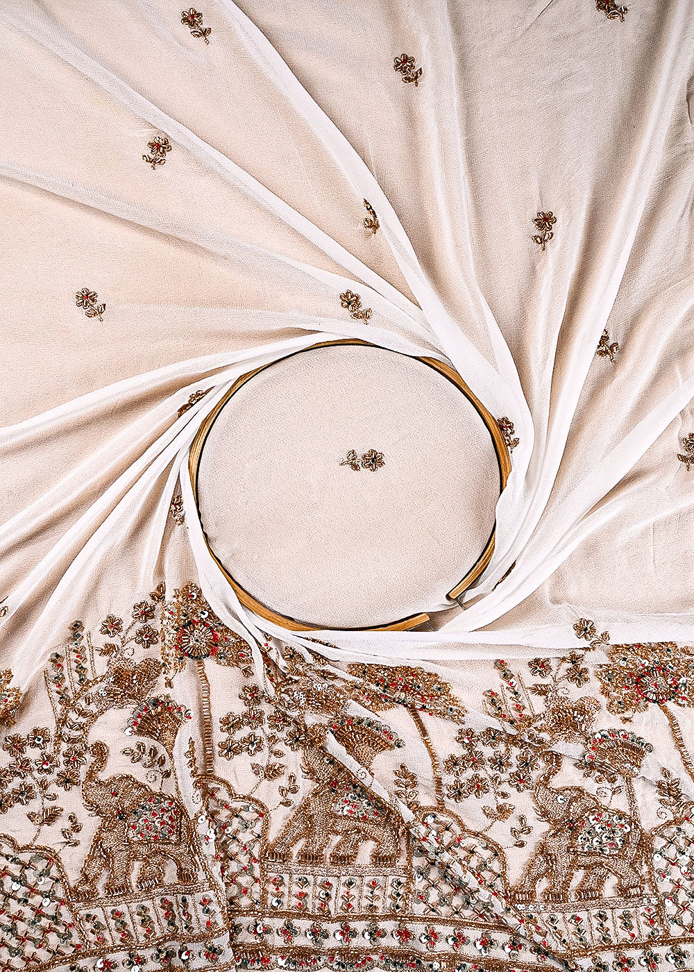 White Dyeable Georgette Fabric With All Over Sequins, Katdana, Bead And Zari  Work With One Side Heavy Border 23580