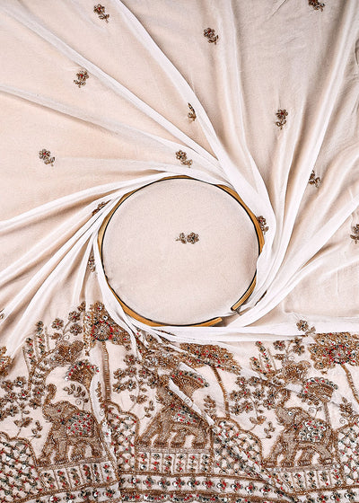 White Dyeable Georgette Fabric With All Over Sequins, Katdana, Bead And Zari  Work With One Side Heavy Border 23580