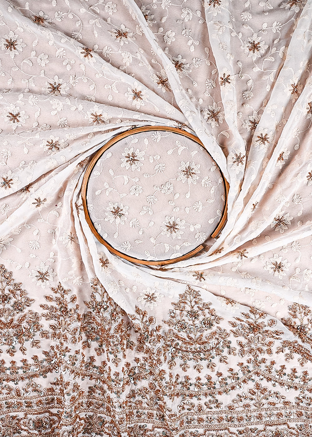 White Dyeable Georgette Fabric With All Over Sequins, Katdana, Thread And Zari Work With Border 23581