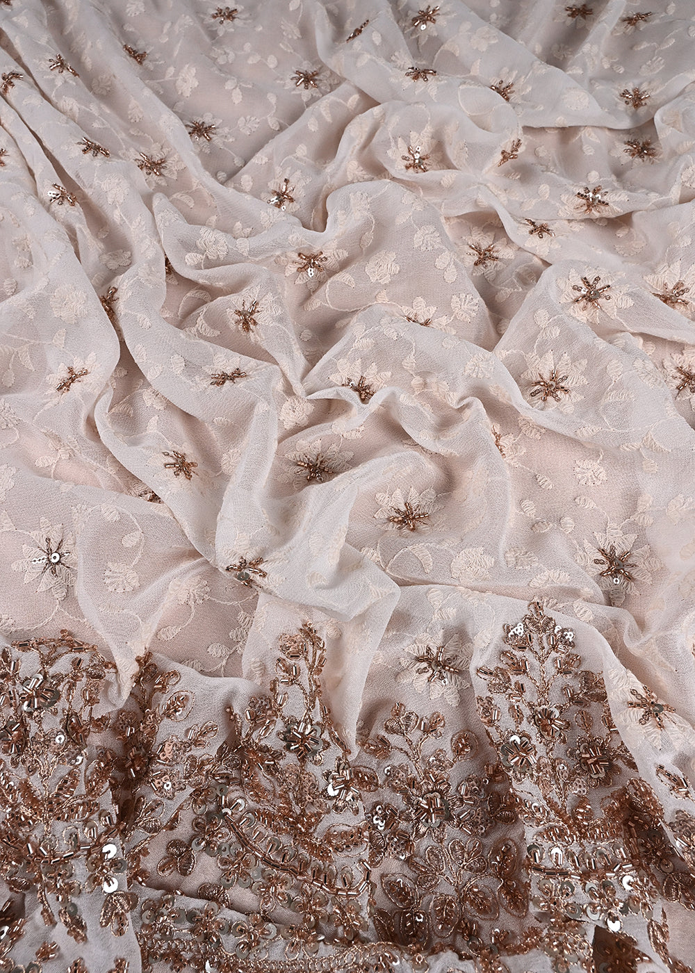 White Dyeable Georgette Fabric With All Over Sequins, Katdana, Thread And Zari Work With Border 23581
