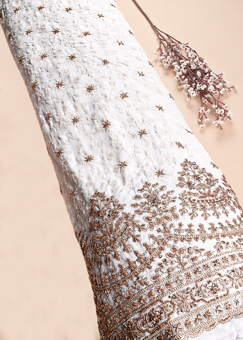White Dyeable Georgette Fabric With All Over Sequins, Katdana, Thread And Zari Work With Border 23581