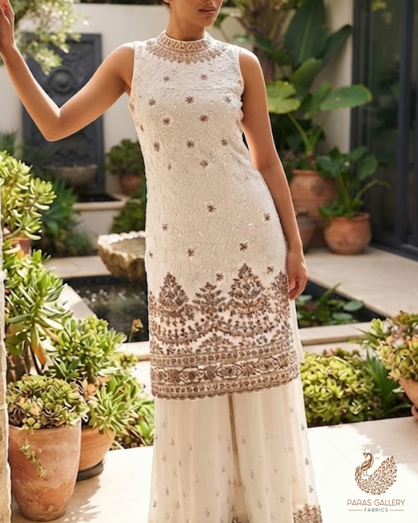 White Dyeable Georgette Fabric With All Over Sequins, Katdana, Thread And Zari Work With Border 23581