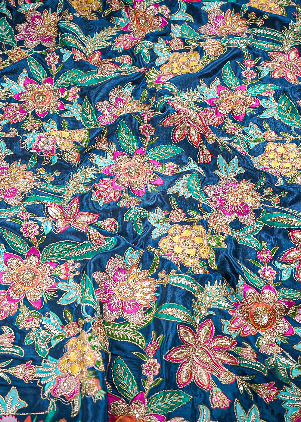 Teal Blue Crepe Fabric With All Over Zari And Sequins Work 23588