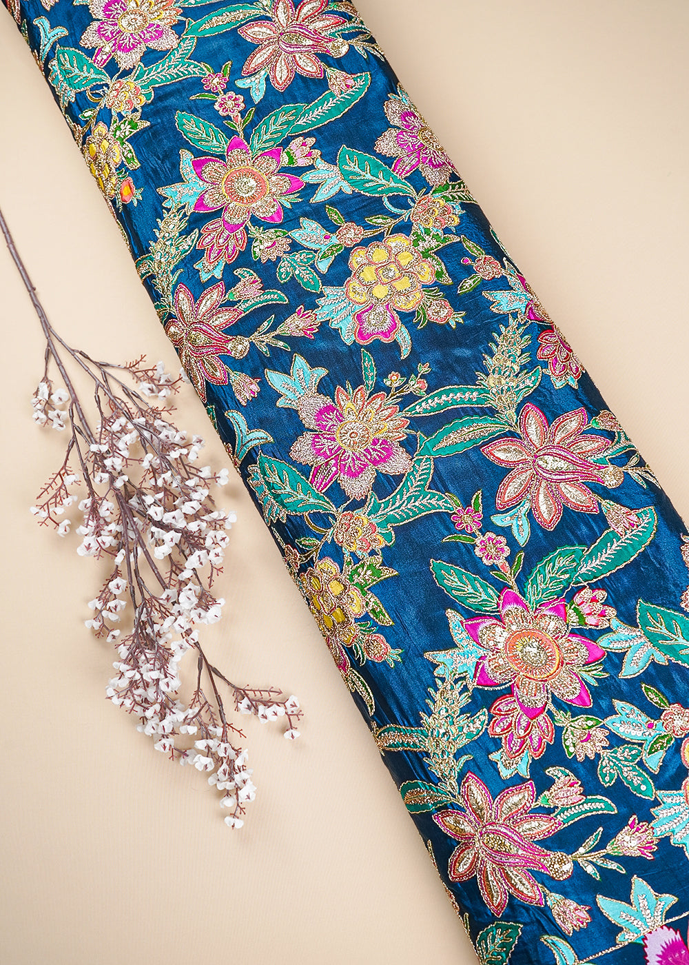 Teal Blue Crepe Fabric With All Over Zari And Sequins Work 23588