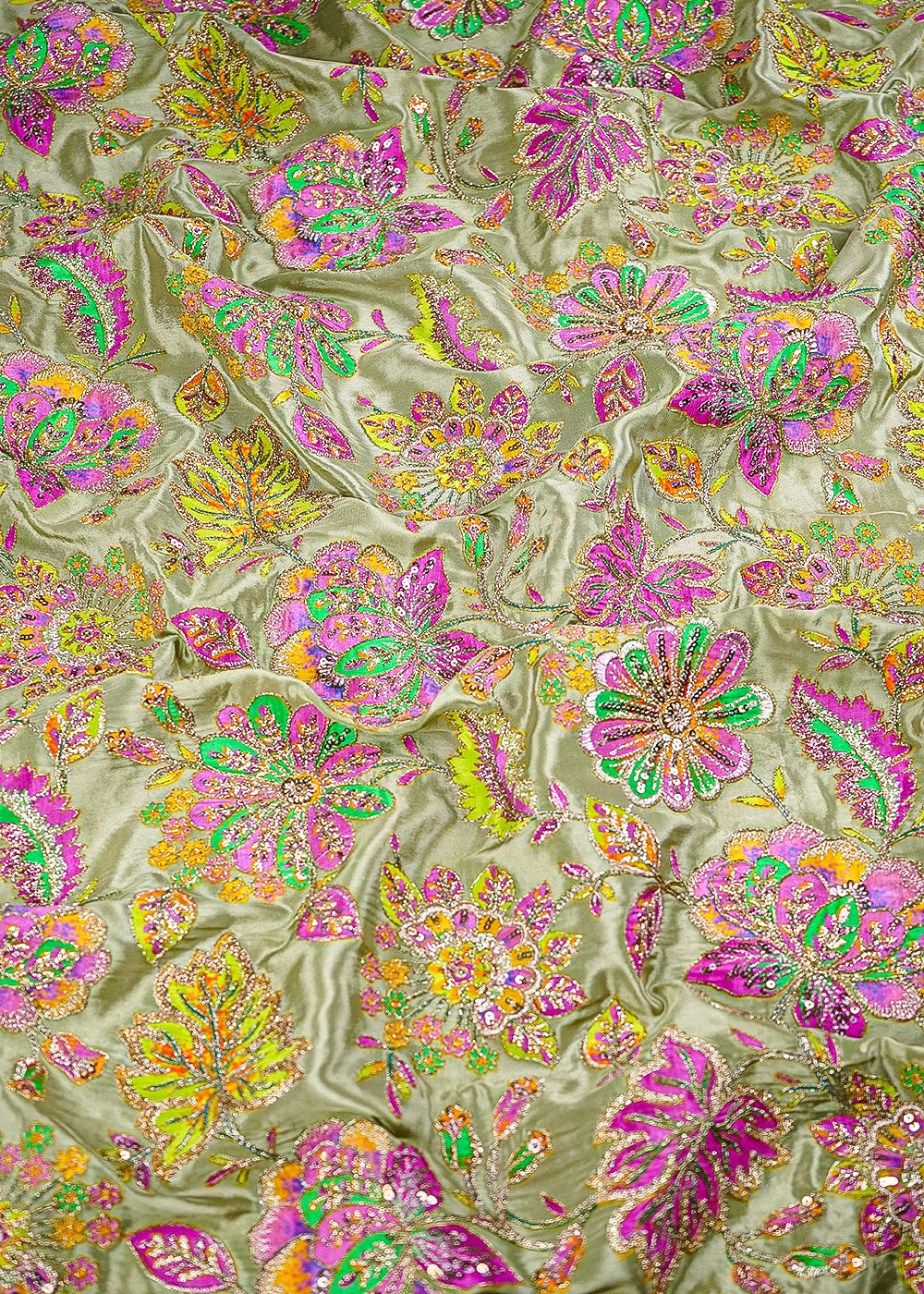 Olive Crepe Fabric With All Over Zari And Sequins Work 23593