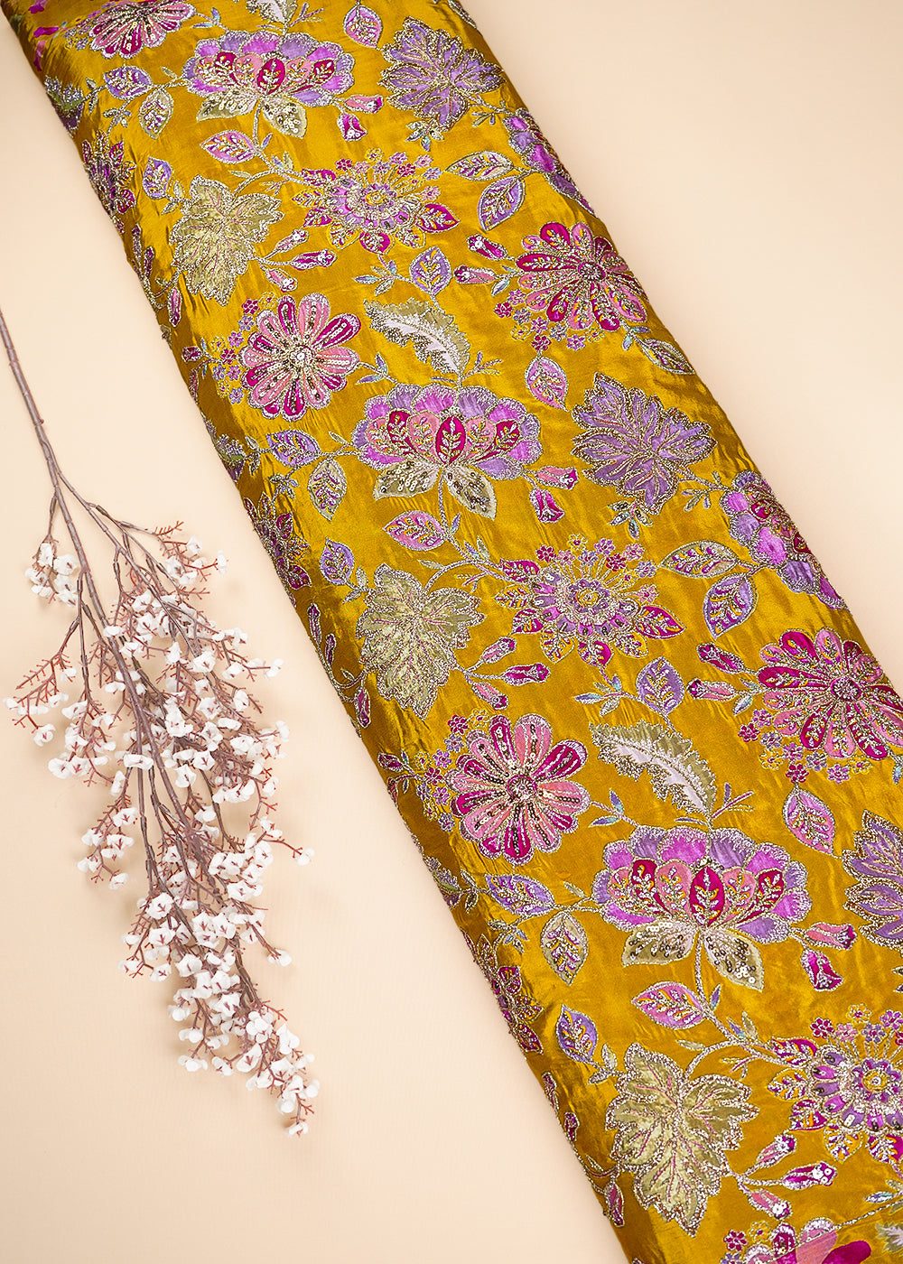 Mustard Crepe Fabric With All Over Zari And Sequins Work 23594
