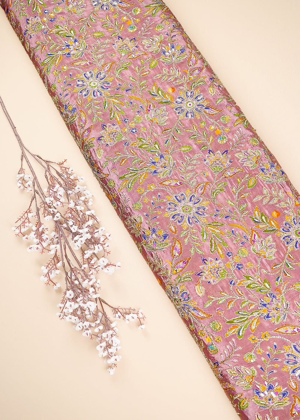 Peach Crepe Fabric With All Over Zari And Sequins Work 23598
