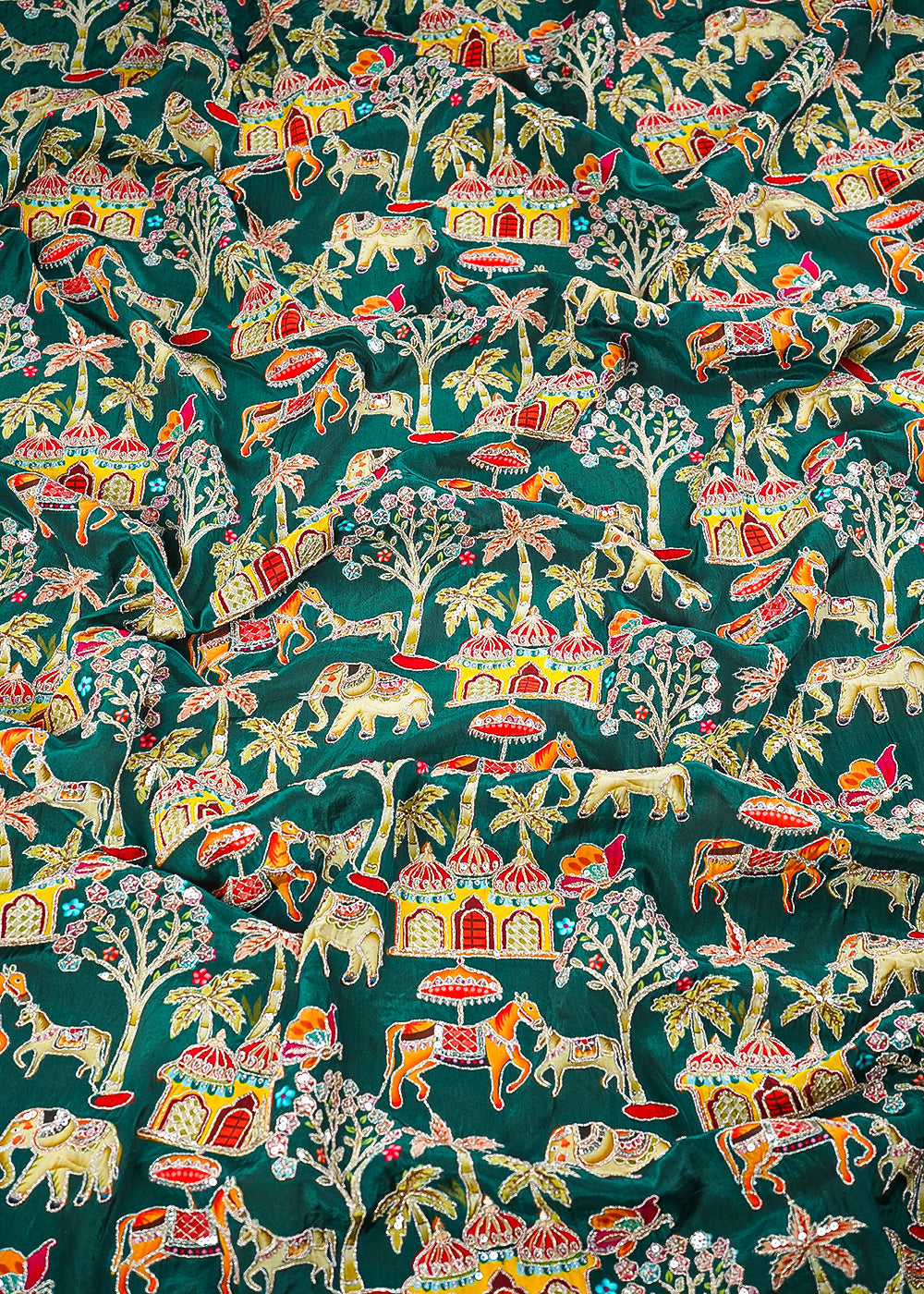 Bottel Green Crepe Fabric With All Over Zari And Sequins Work 23600