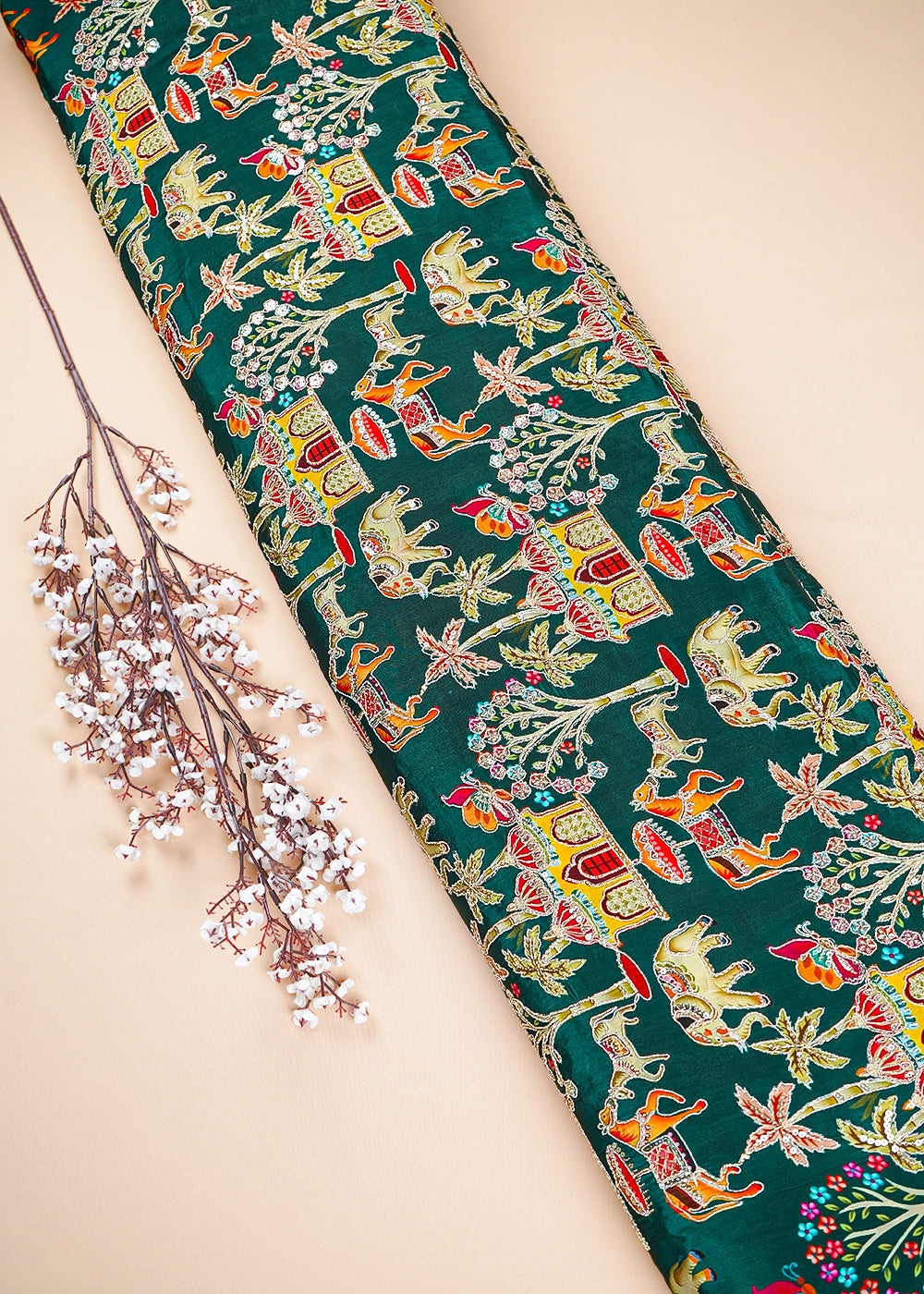 Bottel Green Crepe Fabric With All Over Zari And Sequins Work 23600