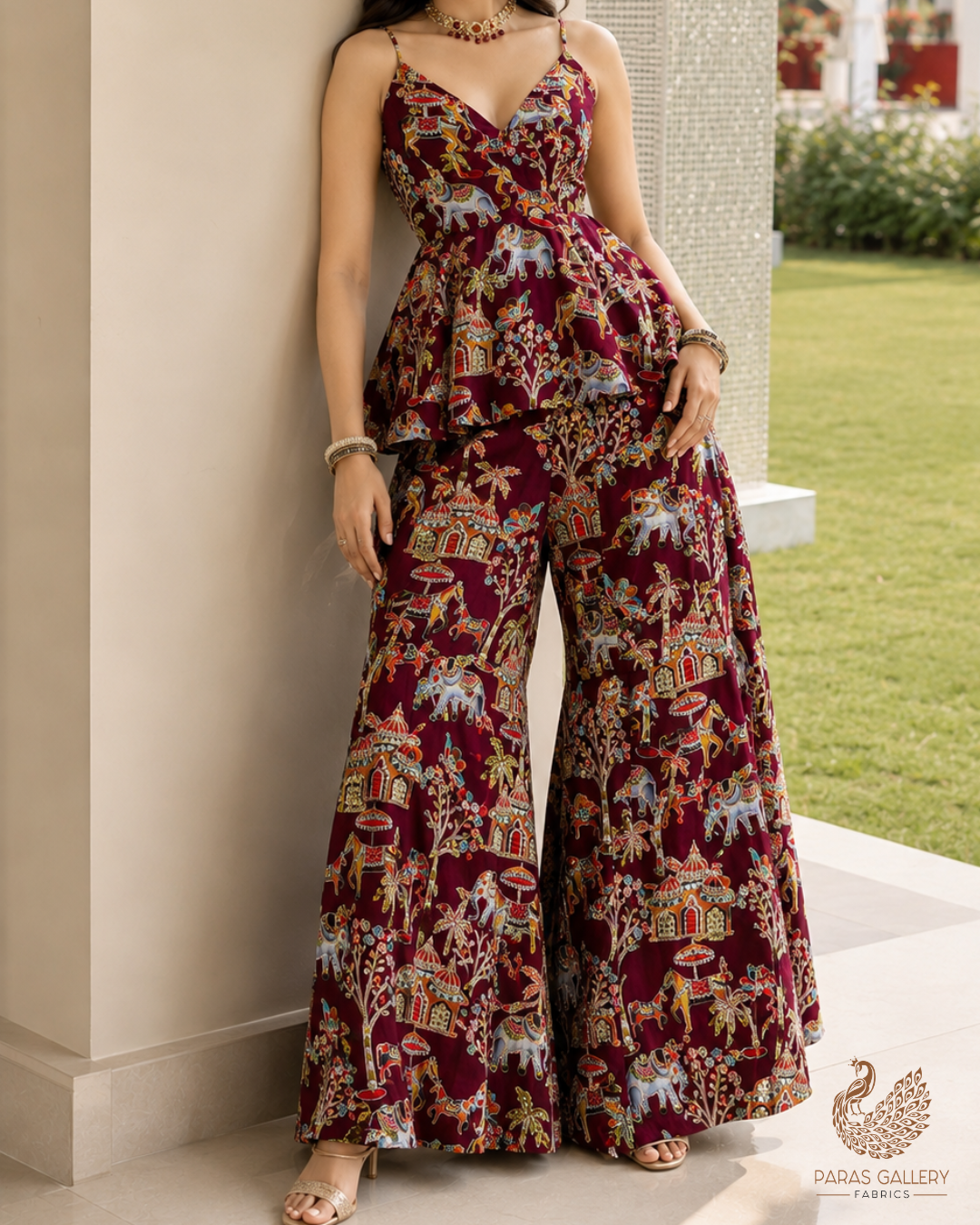 Wine Crepe Fabric With All Over Zari And Sequins Work 23602
