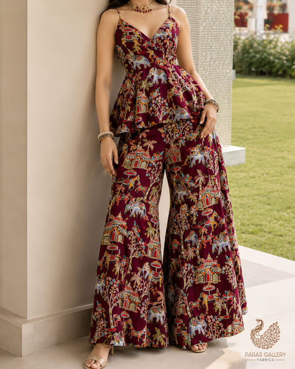 Wine Crepe Fabric With All Over Zari And Sequins Work 23602