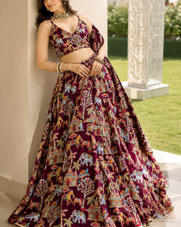Wine Crepe Fabric With All Over Zari And Sequins Work 23602