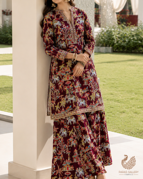 Wine Crepe Fabric With All Over Zari And Sequins Work 23602