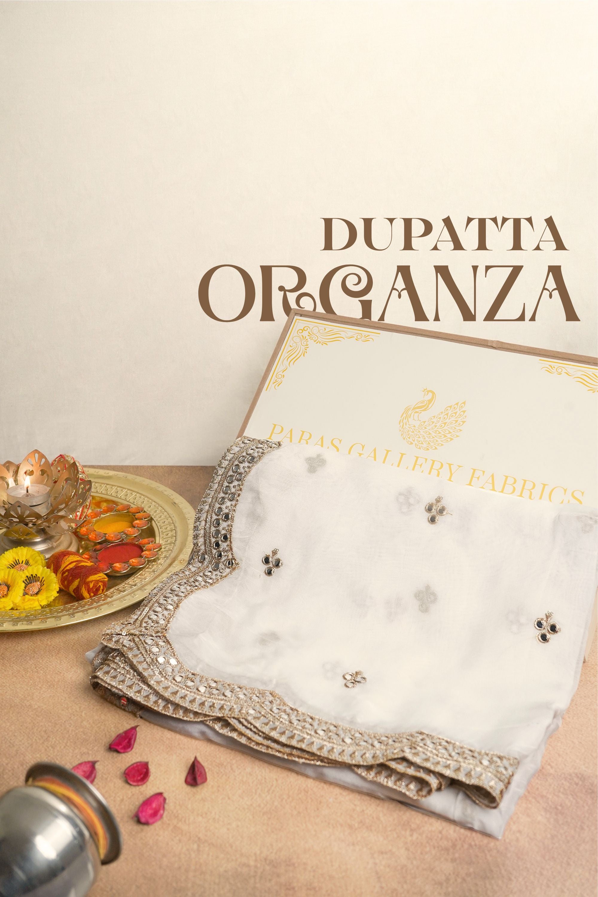 White Dyeable Organza Dupatta With All Over Sequins And Zari Work 23615