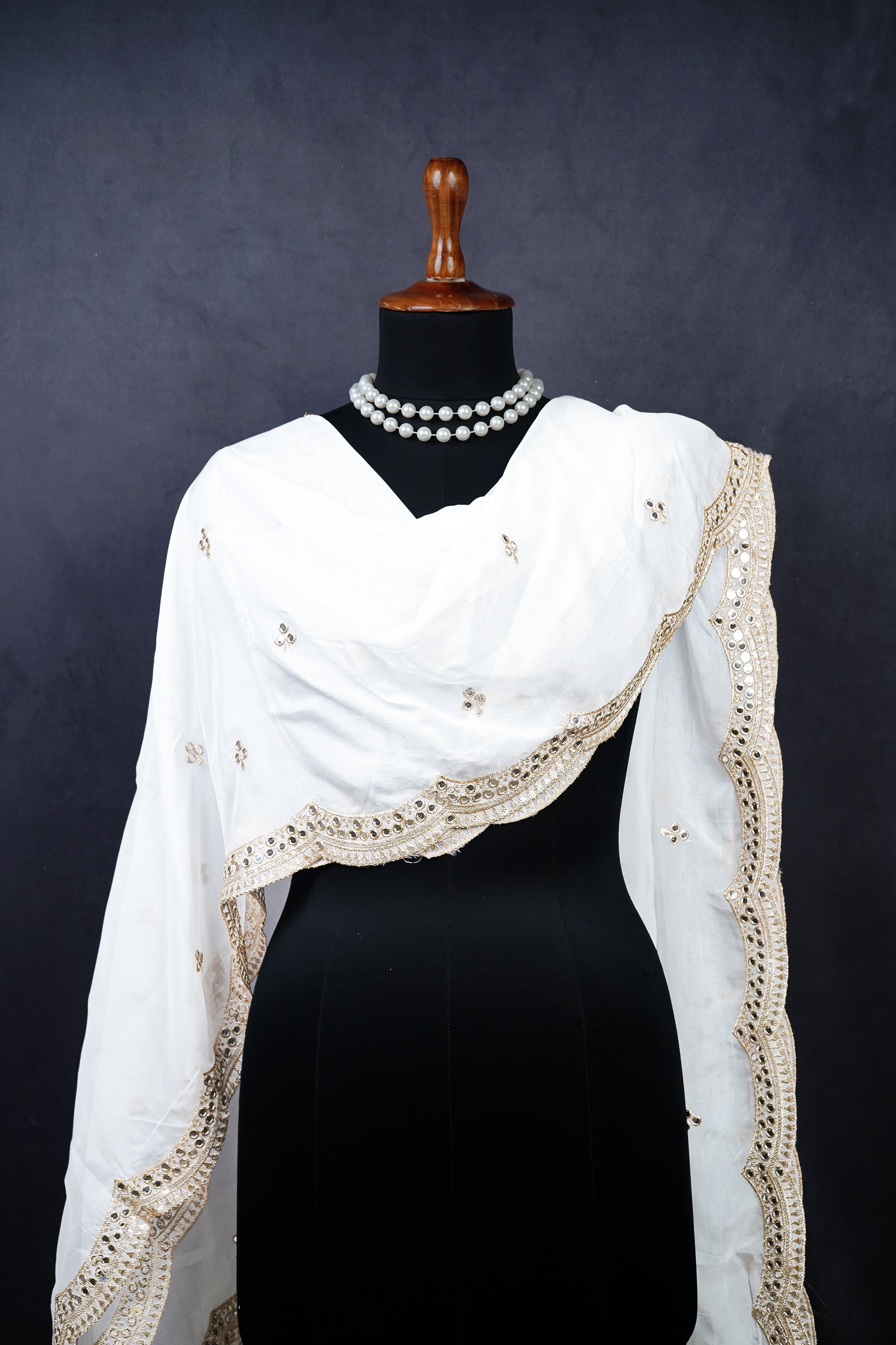 White Dyeable Organza Dupatta With All Over Sequins And Zari Work 23615
