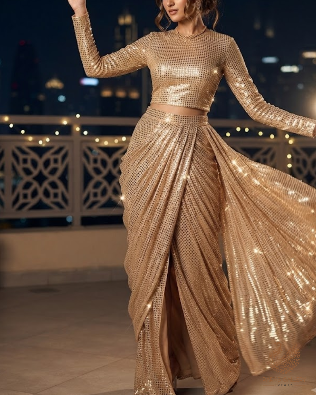 Light Gold Exclusive Fabric With All Over Sequins Work 23623