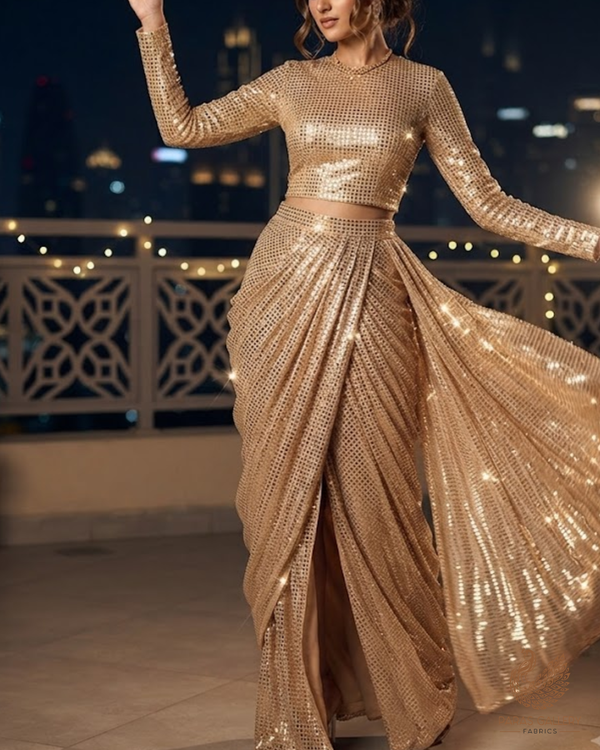 Light Gold Exclusive Fabric With All Over Sequins Work 23623