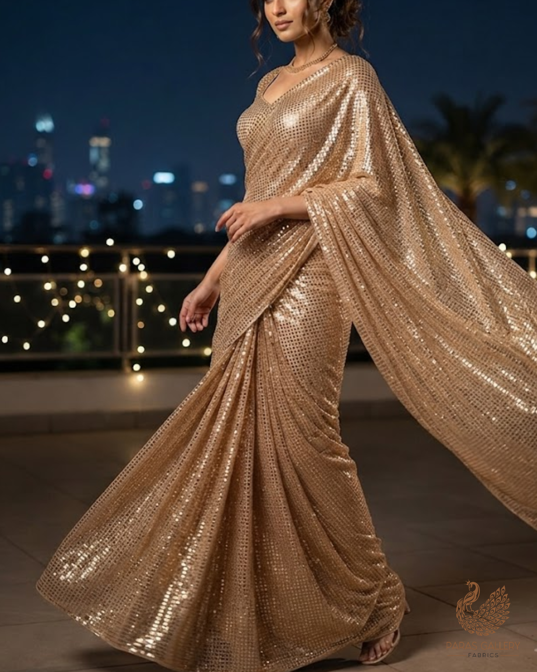 Light Gold Exclusive Fabric With All Over Sequins Work 23623
