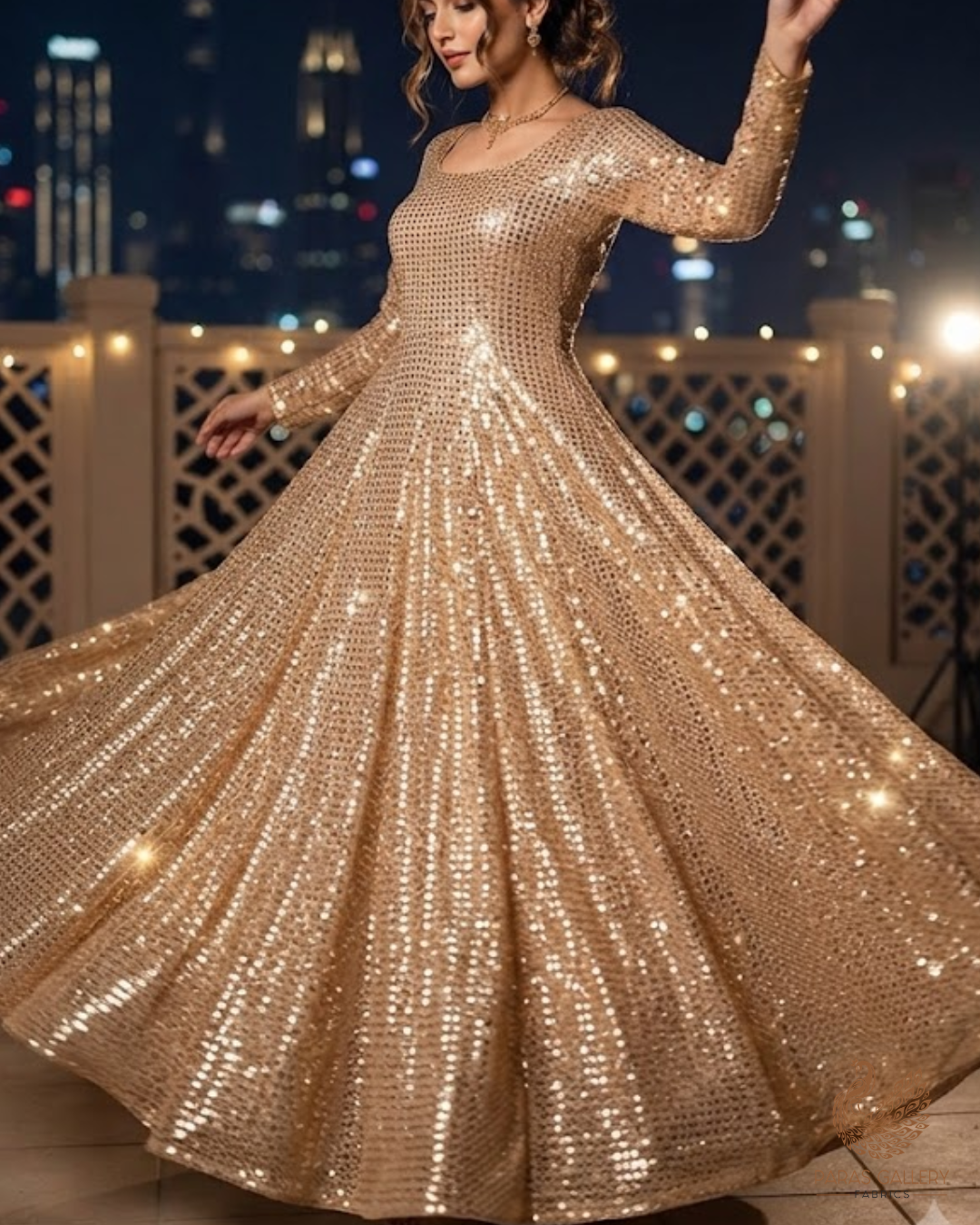 Light Gold Exclusive Fabric With All Over Sequins Work 23623