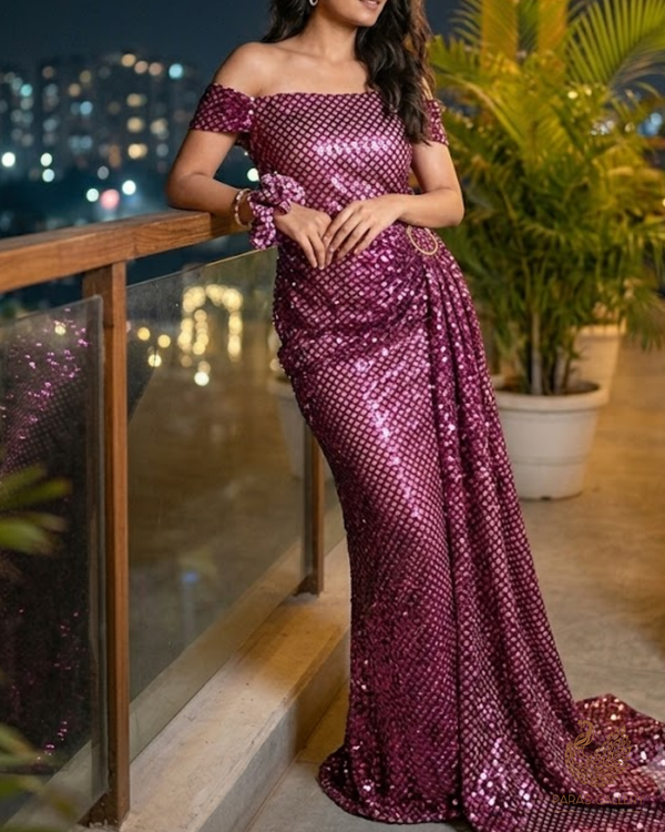 Dark Pink Exclusive Fabric With All Over Sequins Work 23627