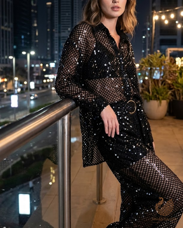 Black Exclusive Fabric With All Over Sequins Work 23628