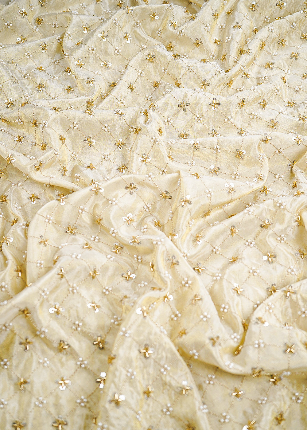 Golden Dyeable Tissue Fabric With All Over Sequins, Katdana, Bead And Zari Work 23632