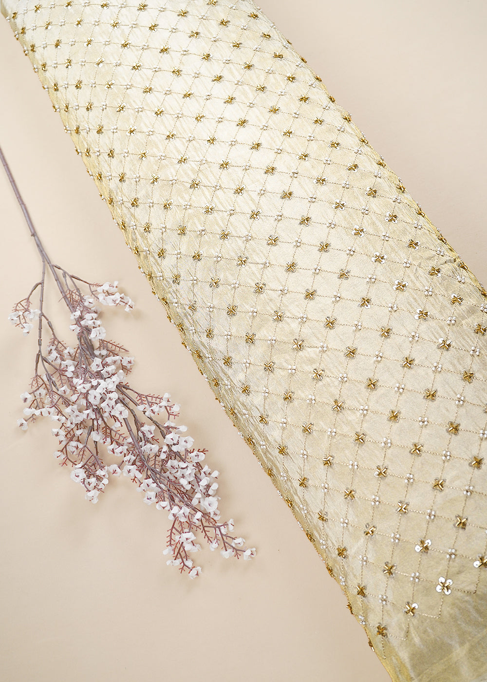 Golden Dyeable Tissue Fabric With All Over Sequins, Katdana, Bead And Zari Work 23632
