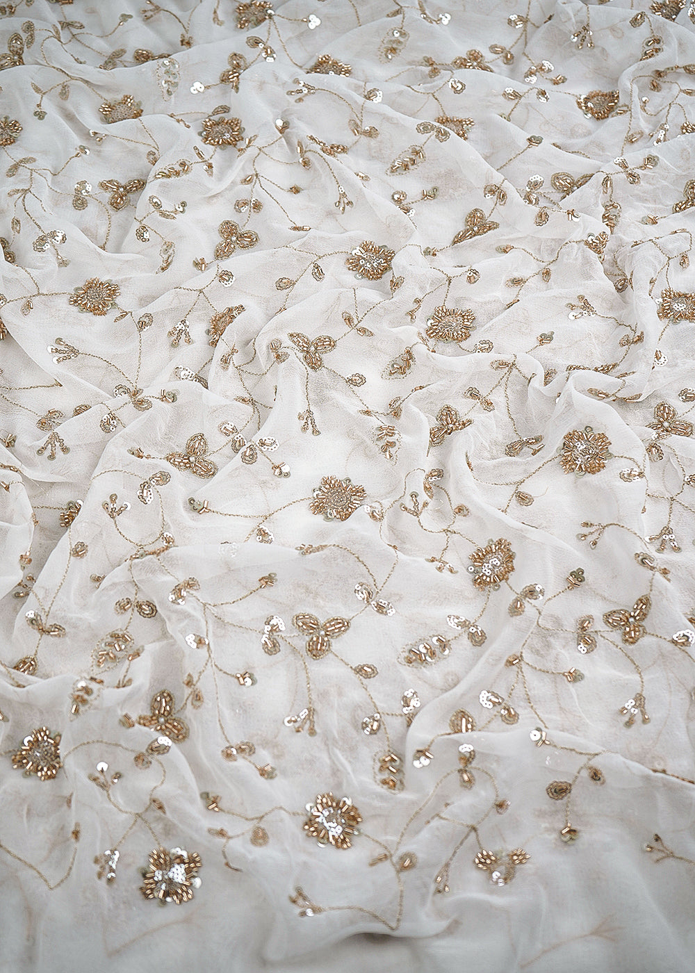 White Dyeable Georgette Fabric With All Over Sequins, Katdana, Bead And Zari Work 23633