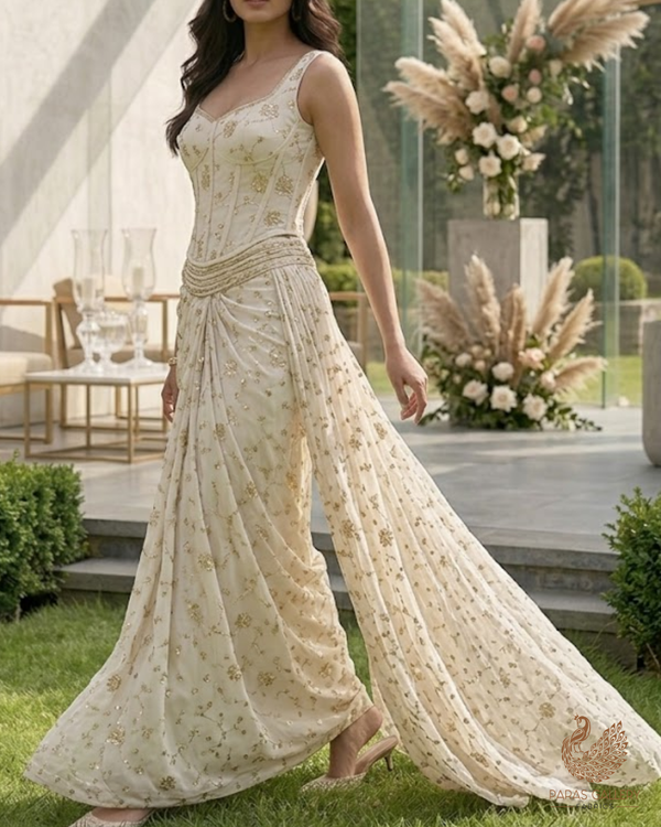 White Dyeable Georgette Fabric With All Over Sequins, Katdana, Bead And Zari Work 23633