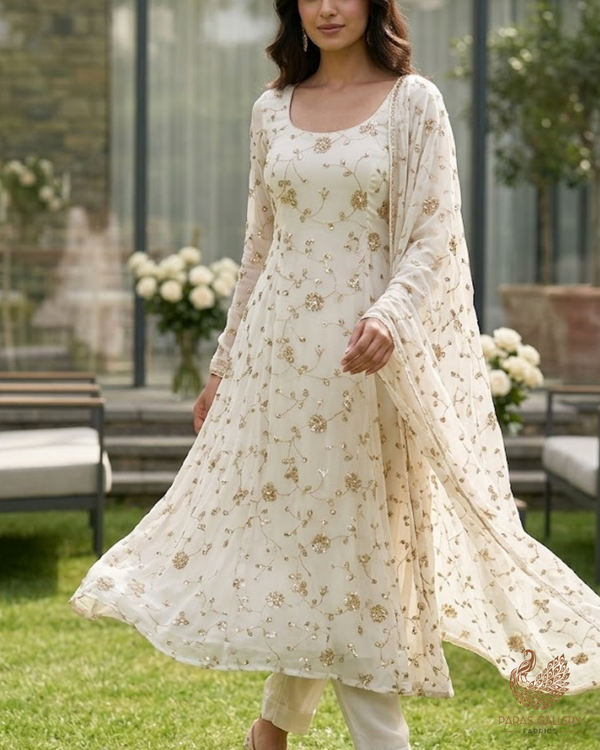 White Dyeable Georgette Fabric With All Over Sequins, Katdana, Bead And Zari Work 23633