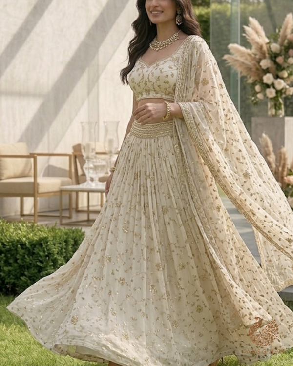 White Dyeable Georgette Fabric With All Over Sequins, Katdana, Bead And Zari Work 23633