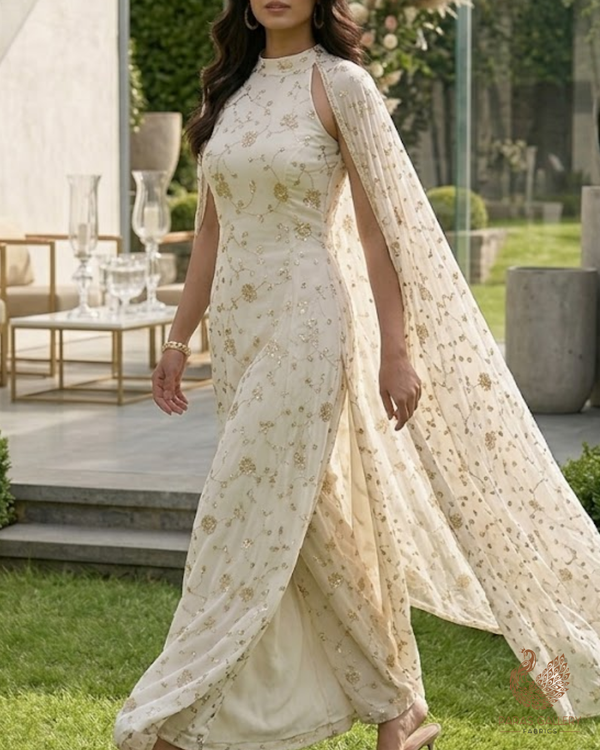 White Dyeable Georgette Fabric With All Over Sequins, Katdana, Bead And Zari Work 23633